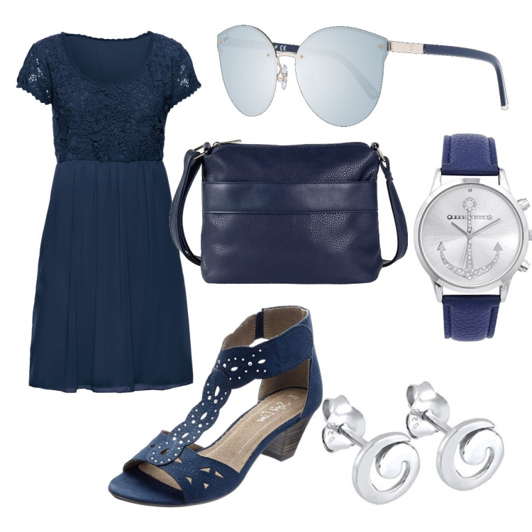 Outfit donna - Low cost. Stile Chic per Tutti i giorni. Abbinamento con bluse, sandali col tacco, borse a tracolla, orologi, orecchini, occhiali da sole.
