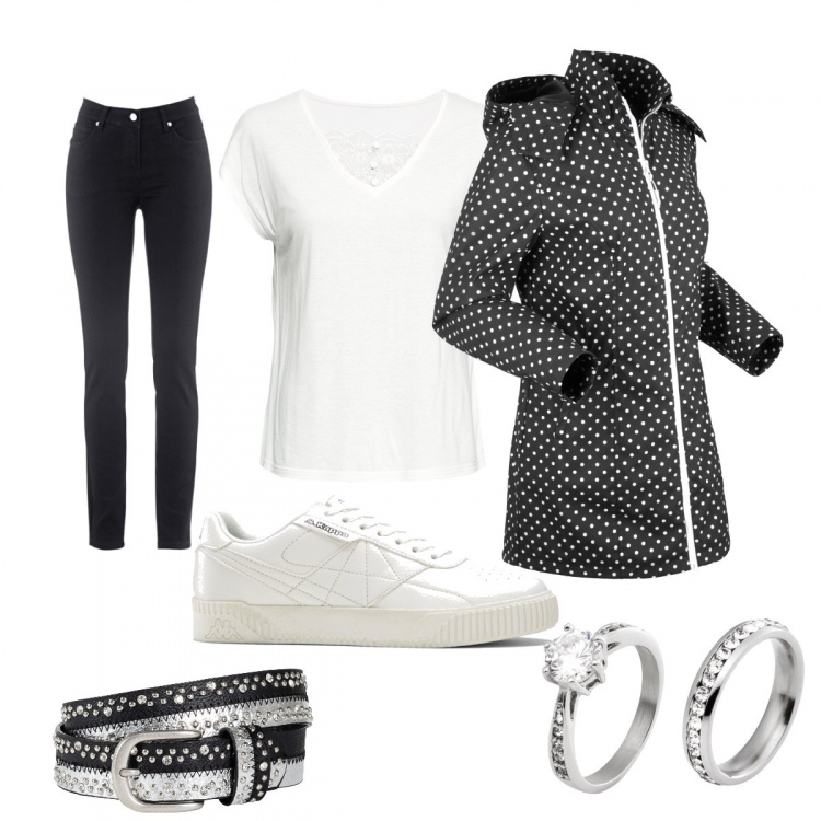 Outfit donna - Bonprix. Stile Basic per Tutti i giorni. Abbinamento con jeans dritti, impermeabile, anelli, sneakers, jeans dritti, cintura.