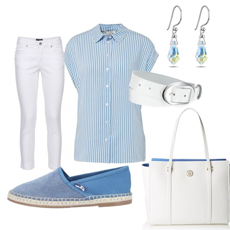 Outfit donna - Camicia a righe. Stile Basic per Tutti i giorni. Abbinamento con pantaloni, espadrillas, polo, borse tote, cinture, orecchini.