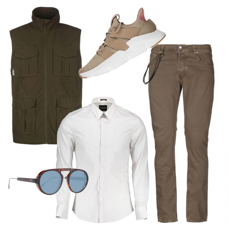 Outfit uomo - In camicia con le sneakers. Stile Urban per Ufficio. Abbinamento con jeans slim fit, sneakers alte, camicia, occhiali da sole, giacche.