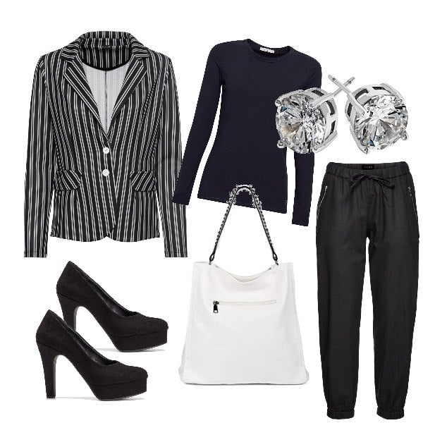 Outfit femme - Black&white rayures. Style Tendance pour Tous les jours. Assortir avec blazer, pantalon , chaussures à talon, boucles d'oreilles.