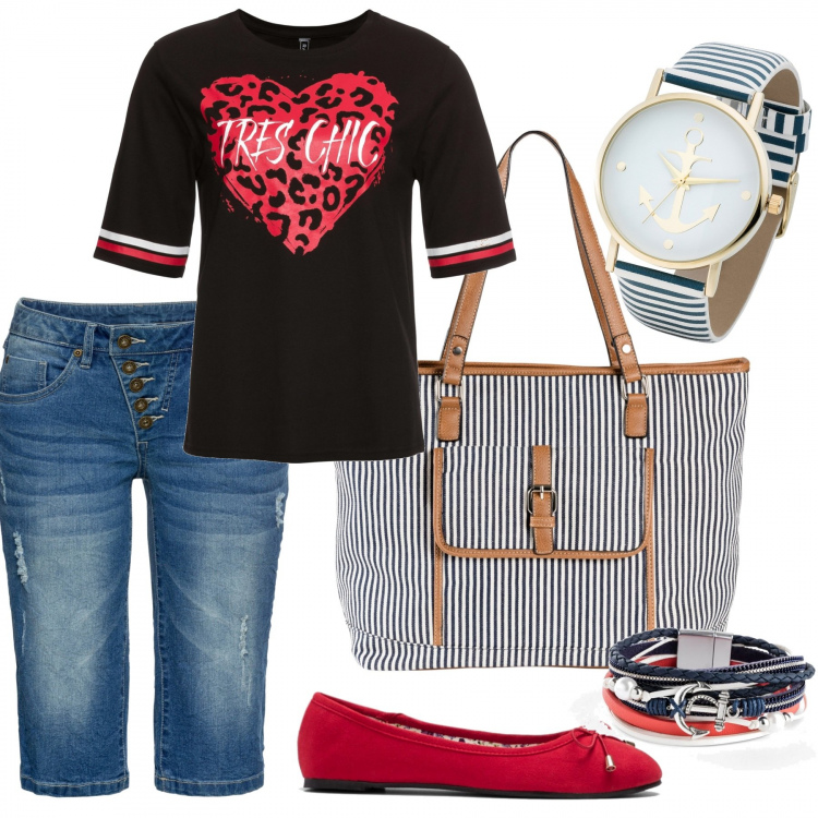 Outfit donna - Basic #21340. Stile Basic per Tutti i giorni. Abbinamento con costumi interi, t-shirt, shopping bag, ballerine, braccialetti, orologi.