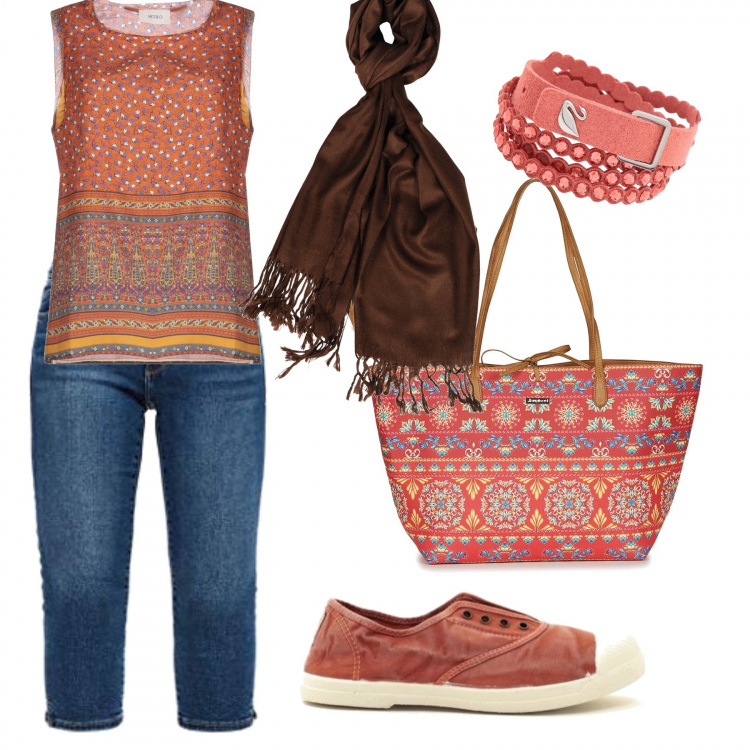Outfit mujer - Basic #21342. Estilo Basic para Todos los días. Combinación con vaqueros, sneakers, bolso shopper, bufandas, top, pulseras.