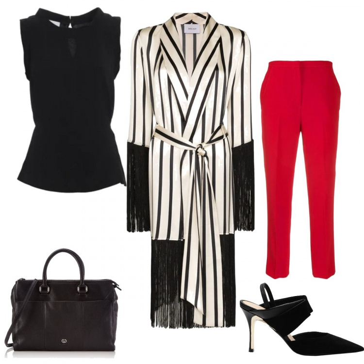 Outfit donna - Per un lunedi carico. Stile Trendy per Ufficio. Abbinamento con décolleté, camicia, giacca, pantaloni, borse a mano.