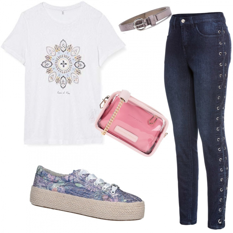 Outfit donna - Sneakers + Jeans. Stile Basic per Tutti i giorni. Abbinamento con jeans skinny, sneakers, borse a spalla, cinture, top.