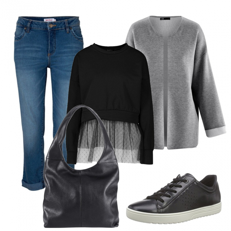 Outfit donna - Scarpa da ginnastica + jeans. Stile Urban per Tutti i giorni. Abbinamento con jeans strappati, borse a spalla, felpa, blazer, scarpe stringate.