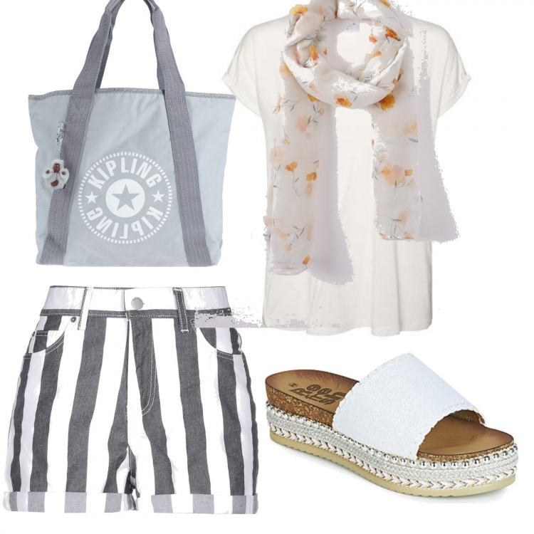 Outfit mujer - Día de vacaciones. Estilo Basic para Todos los días. Combinación con camiseta, sandalias, bufanda, shorts, bolso de mano.