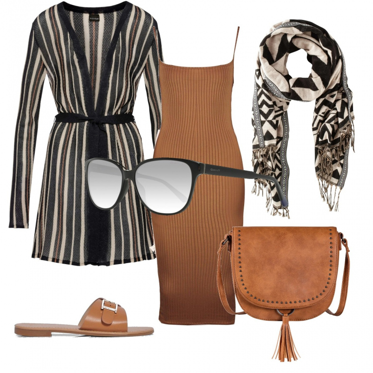 Outfit donna - Righe maschili. Stile Trendy per Tutti i giorni. Abbinamento con cardigans, borse a tracolla, scialli, vestito longuette/midi, ciabatte, occhiali da sole.