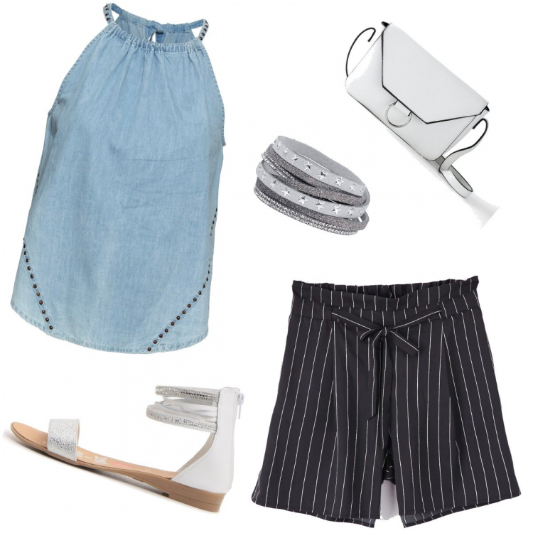 Outfit donna - Righe maschili - look femminile. Stile Trendy per Mare. Abbinamento con bluse, vestiti, braccialetti, shorts, sandali.