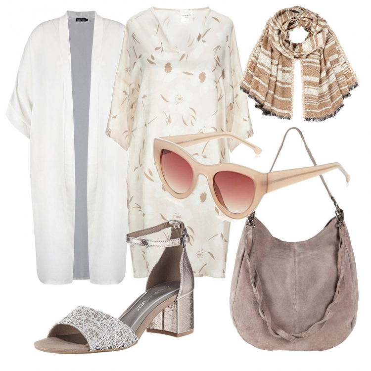 Outfit donna - Curvy in cipria. Stile Bon Ton per Tutti i giorni. Abbinamento con borse a mano, vestito corto, cardigan, sandali, occhiali da sole, sciarpe.