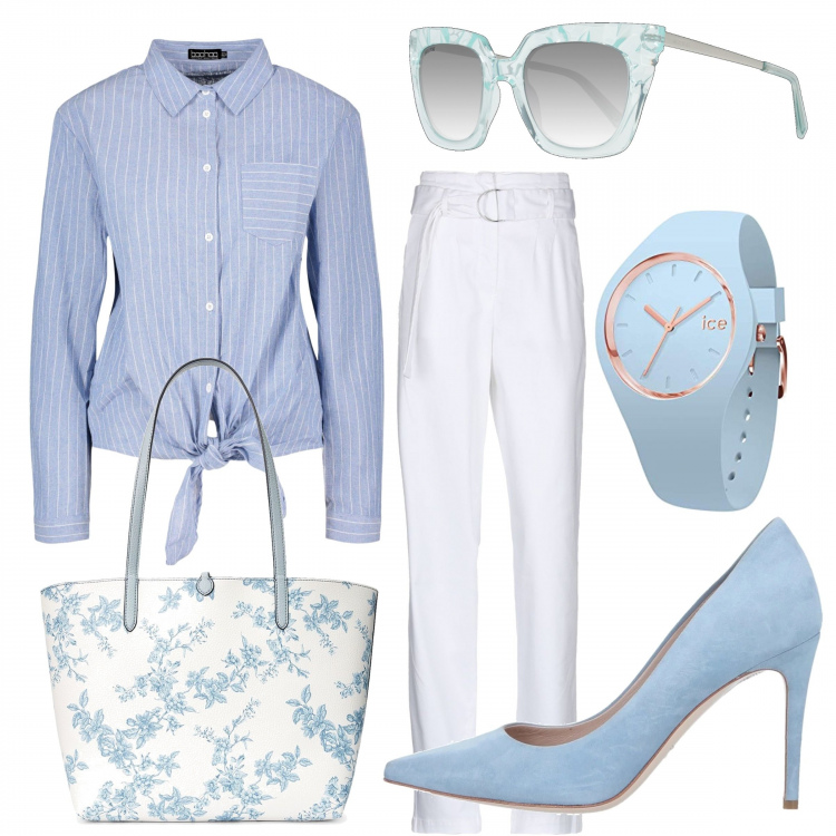 Outfit donna - Tra le righe. Stile Bon Ton per Ufficio. Abbinamento con borse a mano, pantalone lungo, décolleté, camicia, orologi, occhiali da sole.