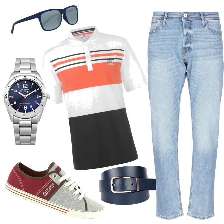 Outfit uomo - Immancabile polo. Stile Casual per Tutti i giorni. Abbinamento con jeans dritti, polo, sneakers, occhiali da sole, cintura.