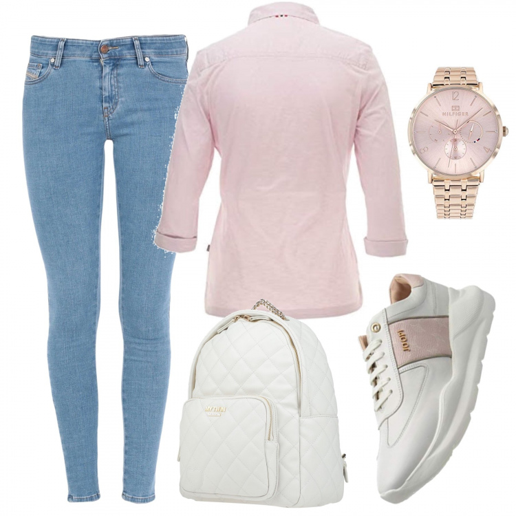 Outfit mujer - Urban #13905. Estilo Urban para Todos los días. Combinación con sneakers, polo, reloj, mochila, vaqueros.