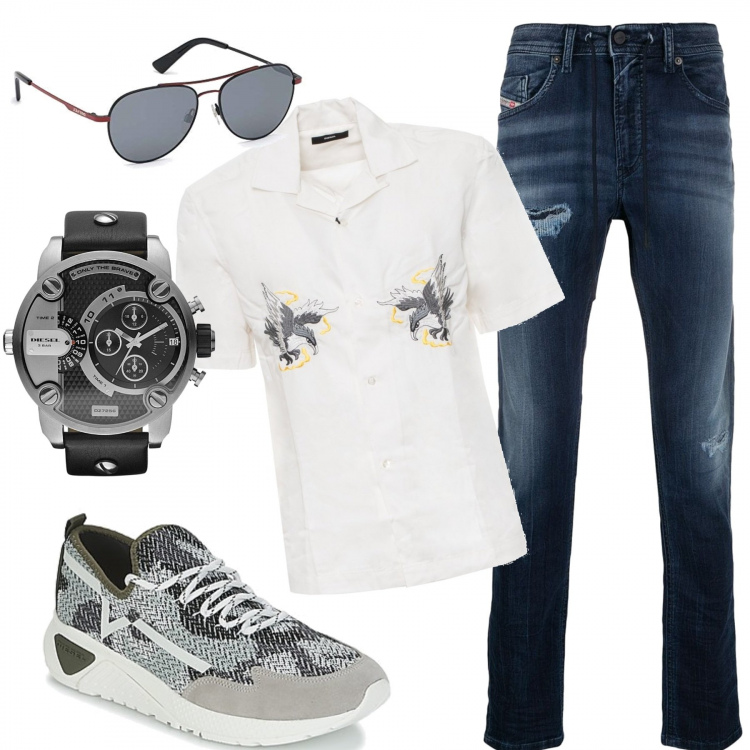 Outfit uomo - Inconfondibile casual. Stile Casual per Tutti i giorni. Abbinamento con sneakers, jeans, orologio, camicie, occhiali da sole.