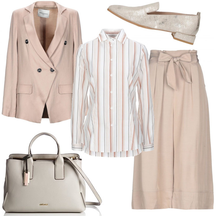 Outfit mujer - Bon Ton #15940. Estilo Bon Ton para Oficina. Combinación con bolso tote, pantalones largos, mocasines, camisas, chaqueta.