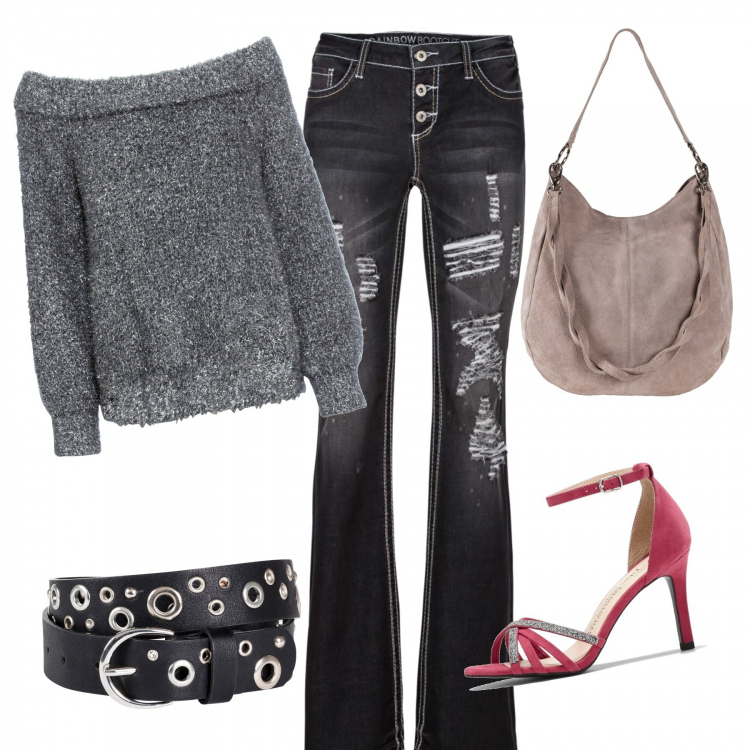Outfit donna - Contrasti speciali. Stile Trendy per Tutti i giorni. Abbinamento con borse a mano, maglioni, jeans bootcut, sandali col tacco, cinture.