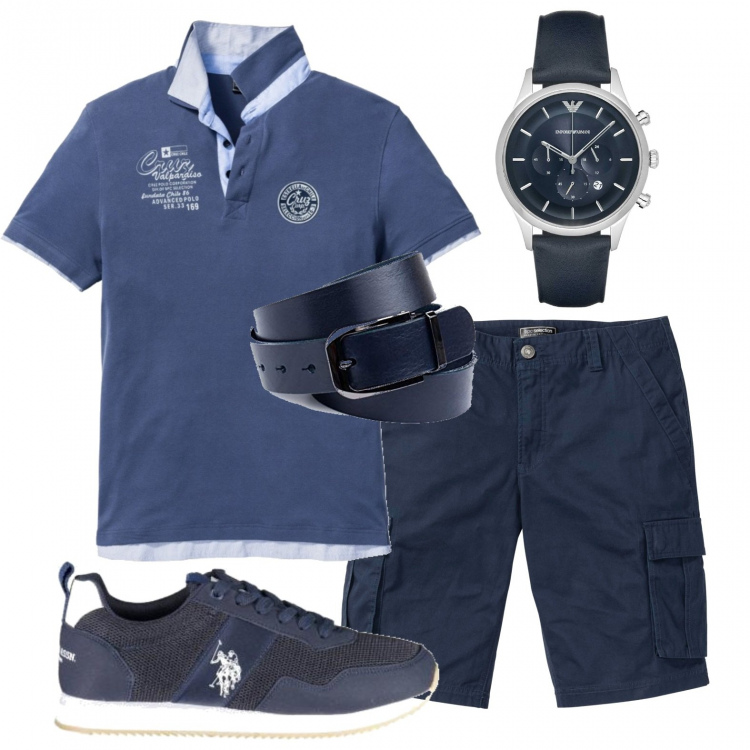 Outfit uomo - Blu notte. Stile Trendy per Tutti i giorni. Abbinamento con bermuda, polo, sneakers, orologi, cinture.