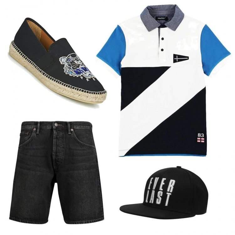 Outfit uomo - Trendy #4003. Stile Trendy per Tutti i giorni. Abbinamento con espadrillas, polo, cappelli con visiera, shorts.
