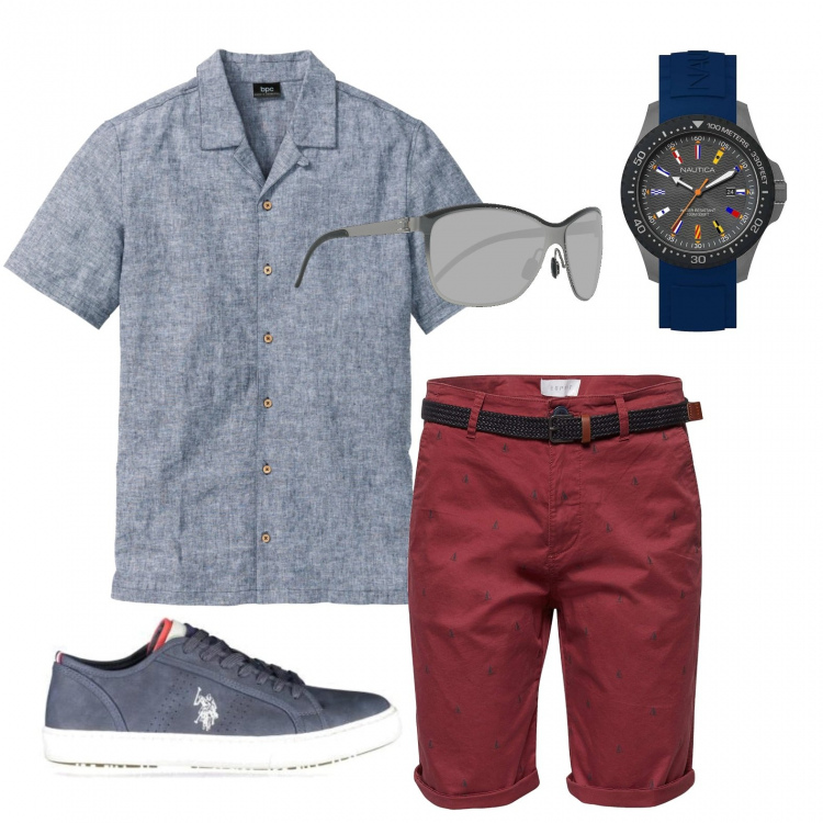 Outfit uomo - Camicia e scarpe da ginnastica. Stile Casual per Tutti i giorni. Abbinamento con camicie a manica corta, pantaloni corti, scarpa sportiva, orologi, occhiali da sole.