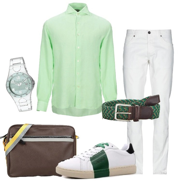 Outfit uomo - Camicia in lino e sneakers Byblos. Stile Casual per Ufficio. Abbinamento con camicia, jeans dritti, accessori, sneakers, orologi, cinture.