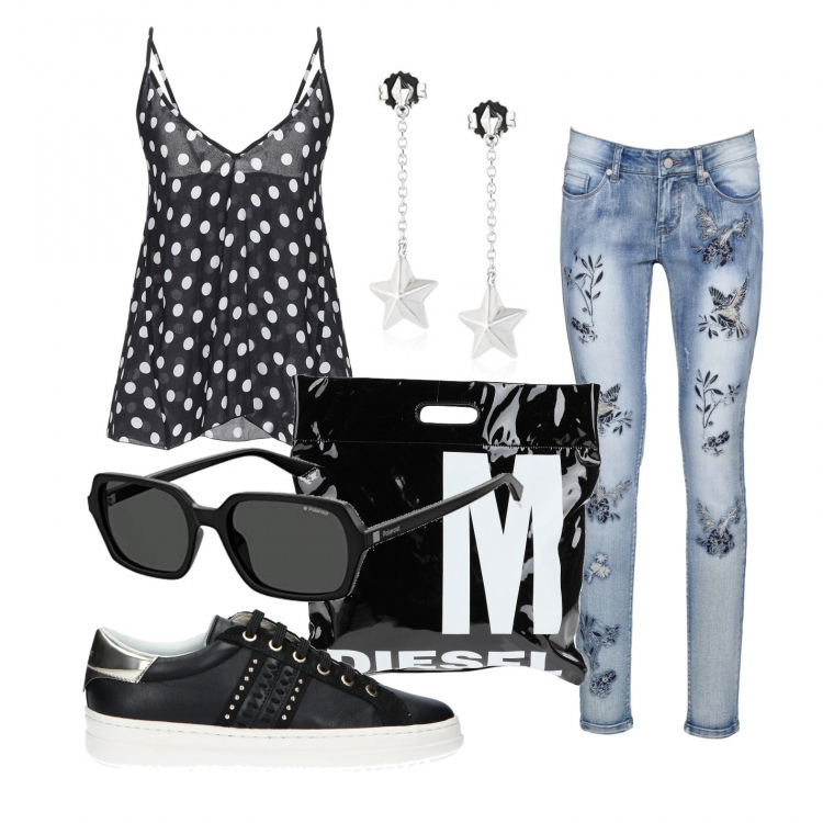Outfit donna - Jeans e scarpe da ginnastica. Stile Basic per Tutti i giorni. Abbinamento con jeans skinny, top, borse a mano, orecchini, sneakers, occhiali da sole.