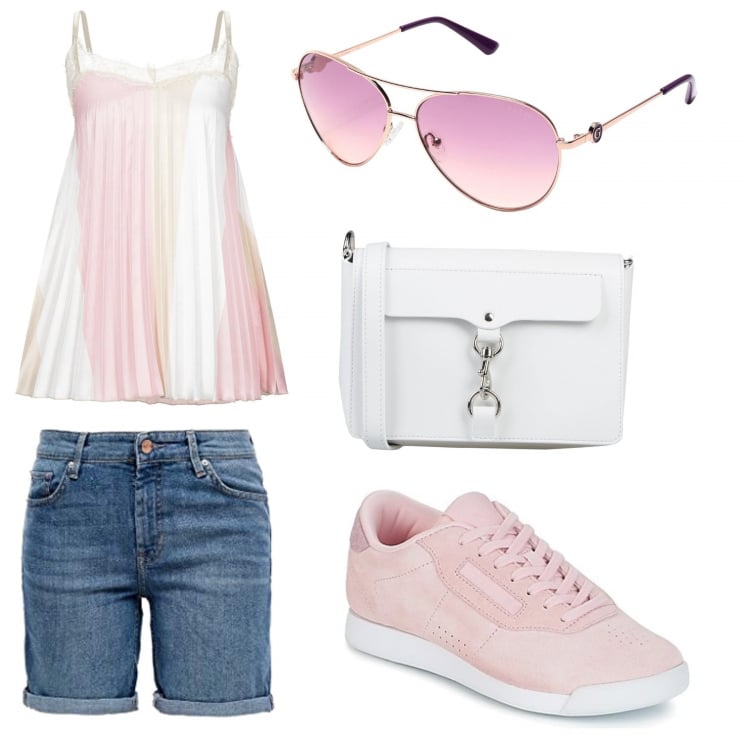 Outfit mujer - Sneakers. Estilo Basic para Todos los días. Combinación con pantalones, sneakers, camiseta, gafas de sol, bolsos de mano.