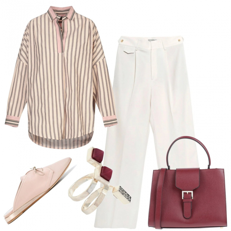 Outfit femme - Masculin-féminin avec des rayures. Style Bon Ton pour Bureau. Assortir avec pantalon , sacs à main, bagues, pantoufles.