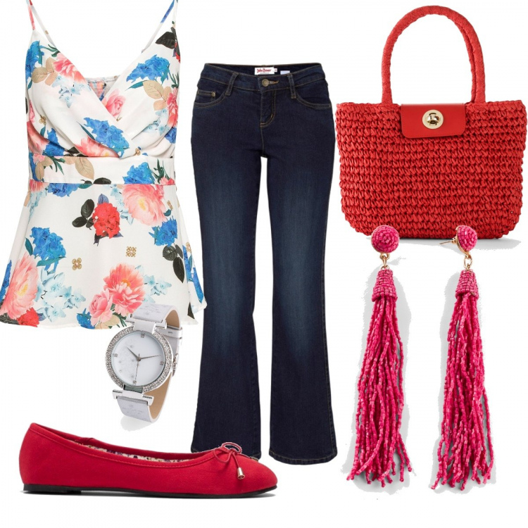Outfit donna - Red style. Stile Basic per Tutti i giorni. Abbinamento con jeans bootcut, top, borse a mano, orecchini, orologio, ballerine.