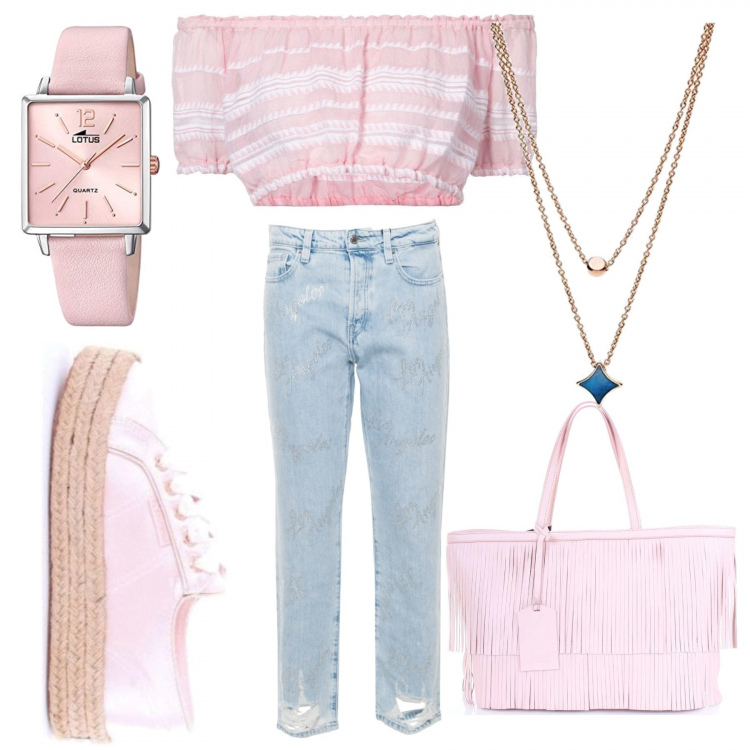 Outfit donna - Scarpa da ginnastica+jeans. Stile Trendy per Tutti i giorni. Abbinamento con sneakers, shopping bag, top, jeans dritti, orologio analogico, ciondoli.