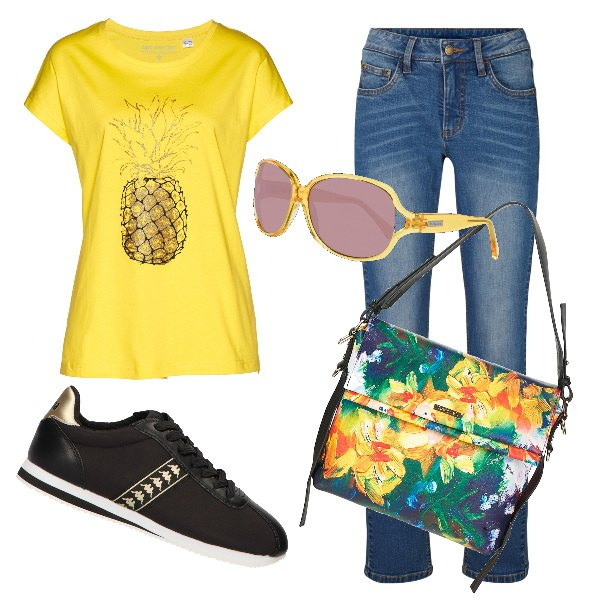Outfit donna - T-shirt gialla e jeans primavera lucente. Stile Trendy per Tutti i giorni. Abbinamento con jeans dritti, maglieria, borsa a spalla, occhiali da sole, sneakers.