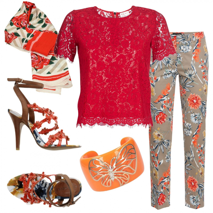 Outfit donna - Giornata libera. Stile Trendy per Tutti i giorni. Abbinamento con pantaloni, sandali col tacco, camicie, braccialetti, sciarpe.