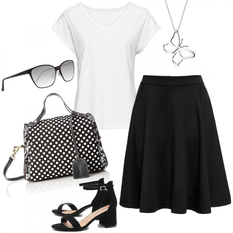 Outfit donna - Il Bon ton in bianco e nero. Stile Bon Ton per Ufficio. Abbinamento con gonne, braccialetti, scarpa col tacco, borse a spalla, occhiali da sole, ciondoli.