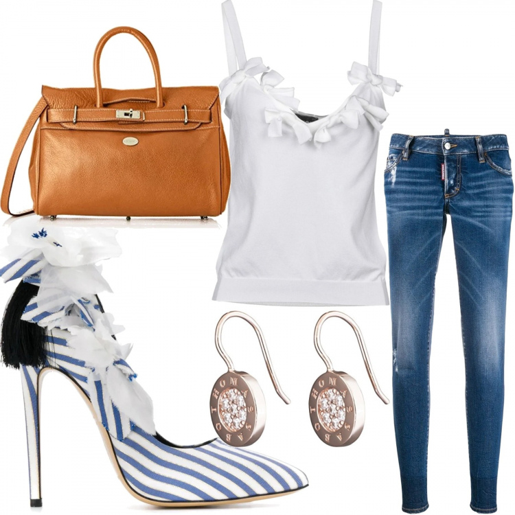 Outfit mujer - Sexy in the city. Estilo Sexy para Todos los días. Combinación con bolsos de mano, pendientes, sandalias de tacón, top, vaqueros.