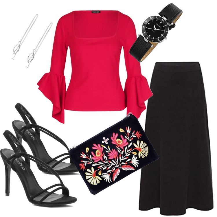 Outfit mujer - Me pongo flamenca. Estilo Trendy para Todos los días. Combinación con faldas largas, relojes analógicos, pendientes, cuerpo, top, zapatos de tacón.