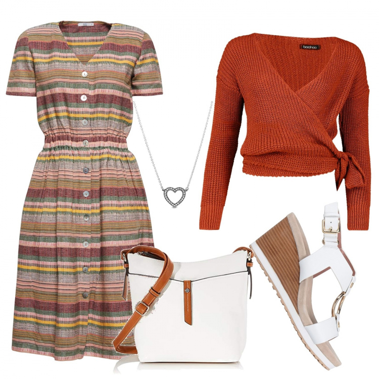 Outfit mujer - Rayas marrones. Estilo Chic para Todos los días. Combinación con vestidos, bandoleras, colgantes, sandalias romanas, de punto.