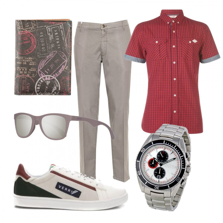 Outfit uomo - Comodità trendy. Stile Trendy per Tutti i giorni. Abbinamento con portafogli, camicie a manica corta, sneakers, pantaloni, occhiali da sole, orologi.