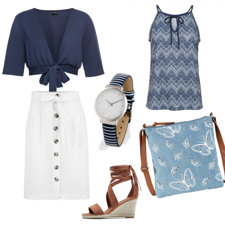 Outfit donna - Look del lunedì mattina. Stile Urban per Ufficio. Abbinamento con vestiti, gonne, bolero, sandali, borsa a mano, orologi.