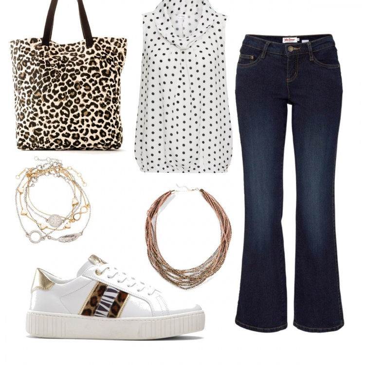 Outfit donna - A little animalier. Stile Trendy per Tutti i giorni. Abbinamento con jeans bootcut, braccialetti con ciondoli, bluse, sneakers, shopping bag, collane.