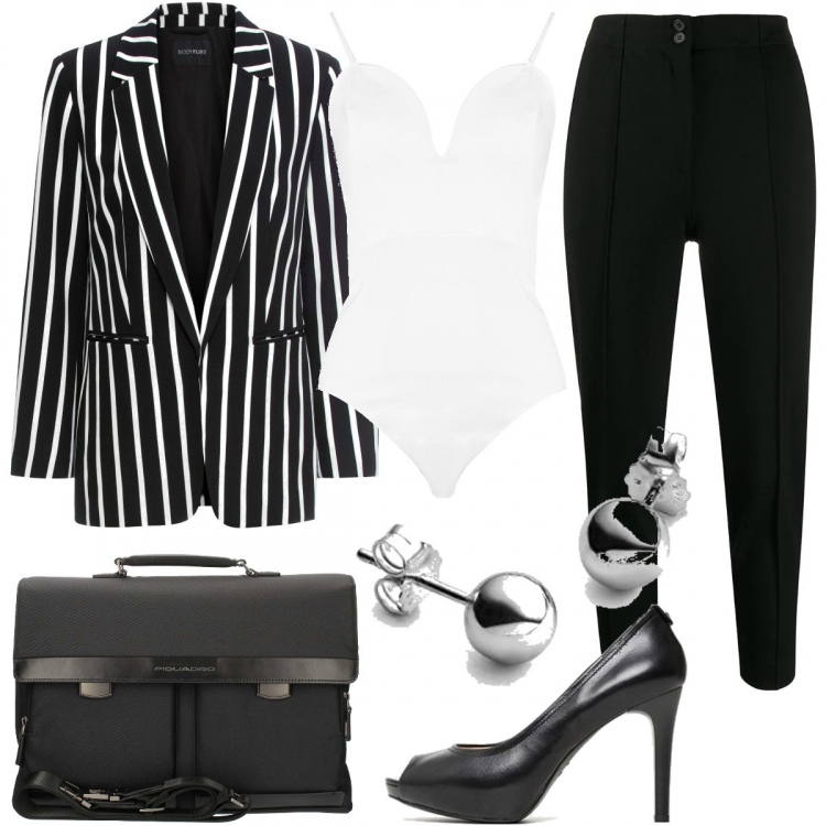 Outfit donna - Righe. Stile Trendy per Ufficio. Abbinamento con blazer, vestiti, décolleté, borsa, pantalone lungo, orecchini.