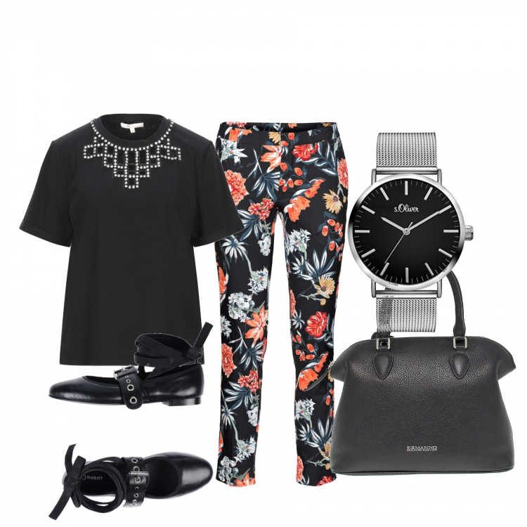 Outfit donna - Basic #21412. Stile Basic per Tutti i giorni. Abbinamento con pantaloni, ballerine, t-shirt, borsa a mano, orologi.