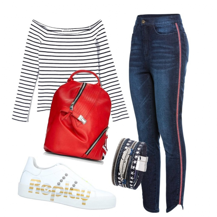Outfit femme - Basic jean. Style Tendance pour Tous les jours. Assortir avec jean skinny, bracelets, t-shirts, sac à main.