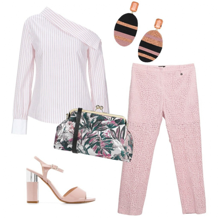 Outfit femme - Rayures masculines féminines. Style Tendance pour Soirée dehors. Assortir avec chemises, sandales à talon, sacs à main, boucles d'oreilles.