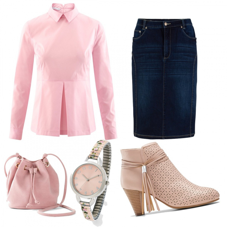 Outfit donna - Pinkissima. Stile Bon Ton per Tutti i giorni. Abbinamento con gonne, stivaletti, orologio, borsa a tracolla, camicie.