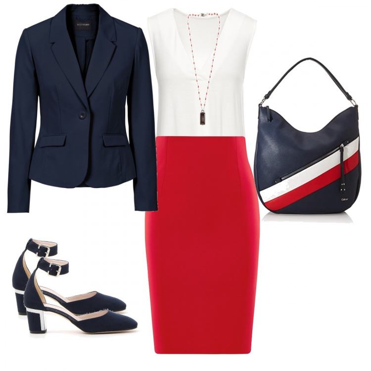 Outfit donna - Easy Chic. Stile Chic Abbinamento con top, blazer, collane, gonne longuette, borse a spalla, décolleté.
