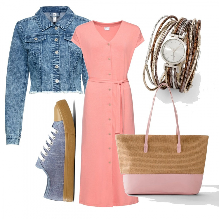 Outfit donna - Salmone e jeans. Stile Basic per Tutti i giorni. Abbinamento con sneakers, vestiti midi/longuette, shopping bag, blazer, orologi.