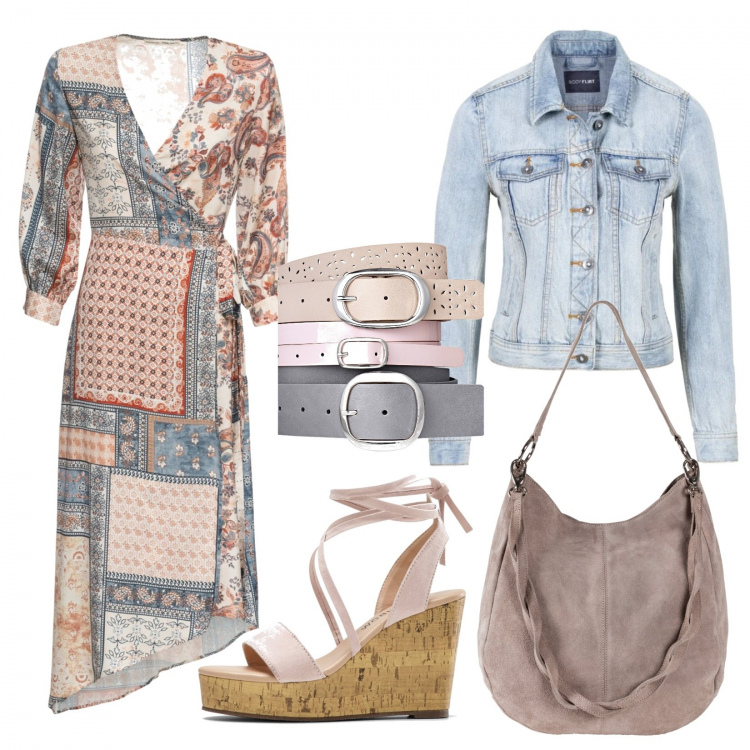 Outfit donna - Trendy #34614. Stile Trendy per Tutti i giorni. Abbinamento con borse a mano, vestiti asimmetrici, sandali, cinture, giacche sportive.