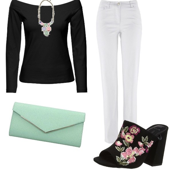 Outfit donna - Pantalone bianco. Stile Basic per Tutti i giorni. Abbinamento con pantaloni, collane.