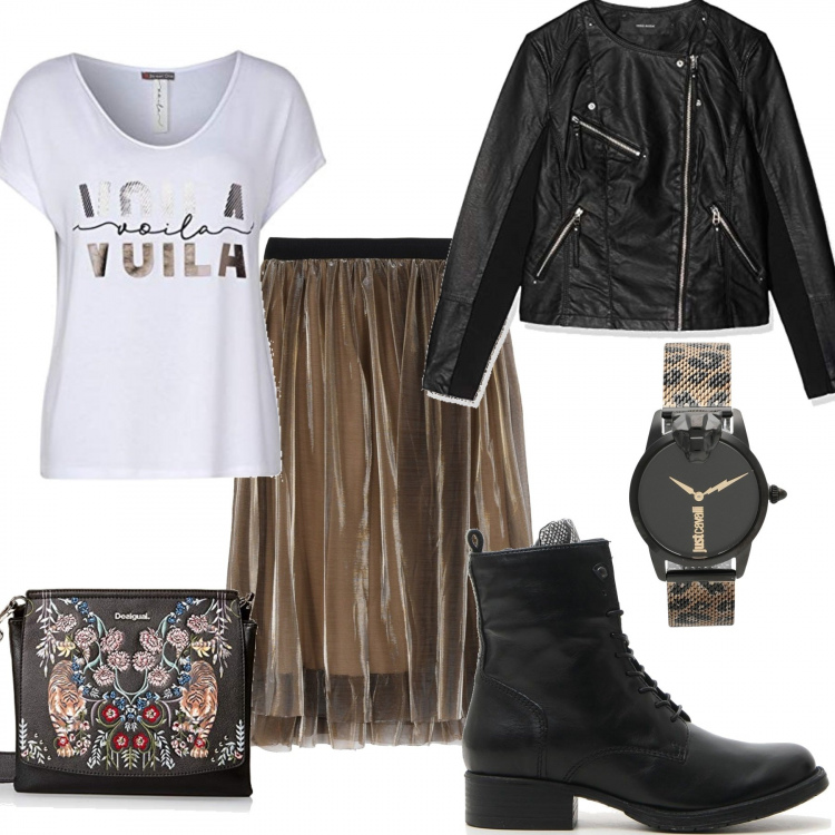 Outfit donna - Gold Rock. Stile Rock per Serata fuori. Abbinamento con gonna longuette, orologio, stivaletti, giubbotto, t-shirt, borsa a tracolla.