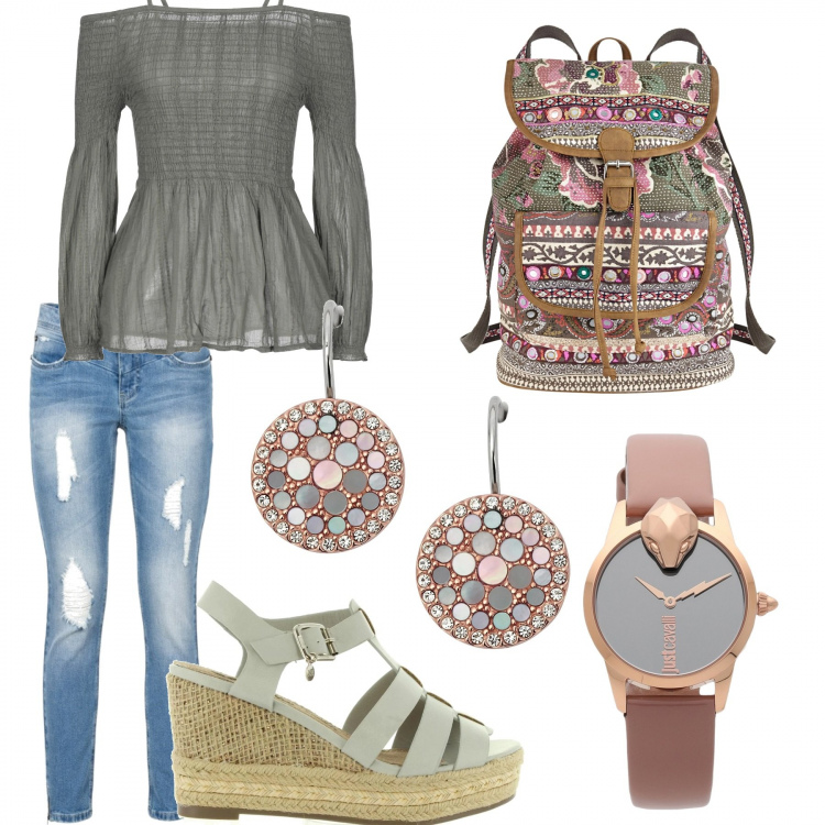 Outfit donna - Urban #13992. Stile Urban per Scuola/Università. Abbinamento con jeans strappati, zaini, bluse, orecchini, orologi, sandali.
