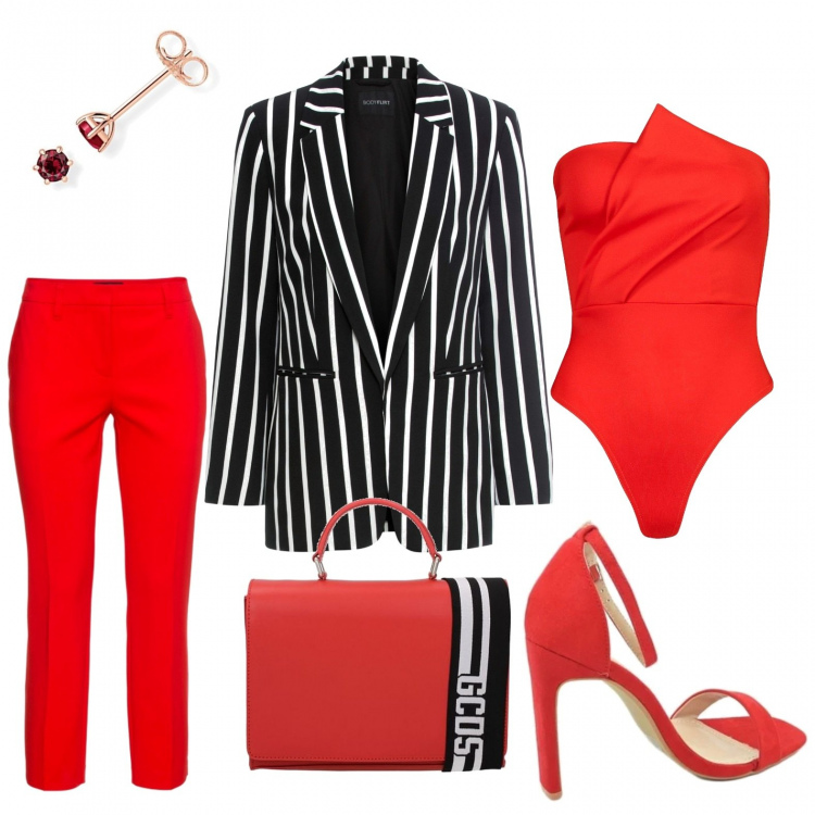 Outfit donna - Righe rosso sexy chic. Stile Sexy per Ufficio. Abbinamento con blazer, pantaloni capri, corpo, borse a mano, sandali con tacco, orecchini.